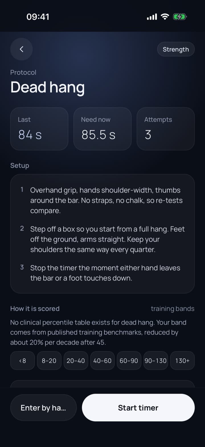 Protocol screen for dead hang: three setup steps, how it is scored, and the training-band labels.